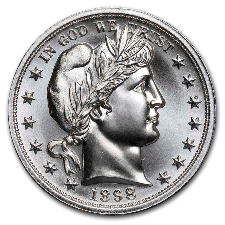 2 oz Silver High Relief Round: 2 oz Silver High Relief Round - Barber Half SKU no: RBJ226282 Year: N/A Grade: None Grade Service: None Mint Mark: N/A - Not Available Metal Content: 2 troy oz Purity: .999 Thick