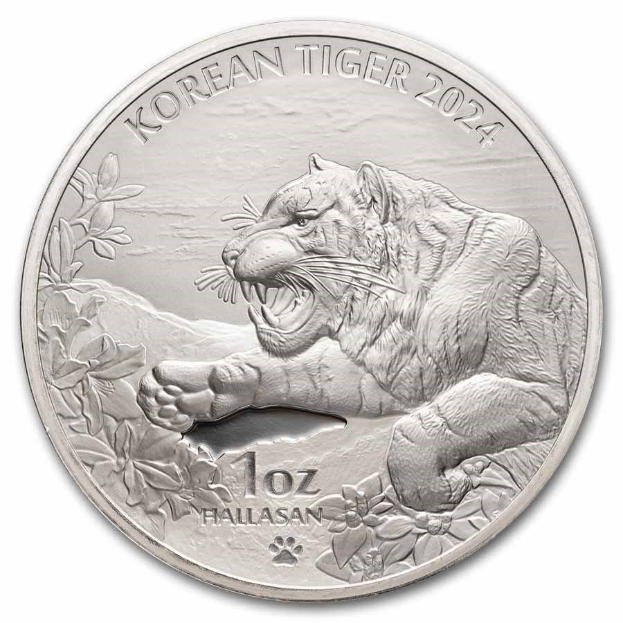 2024 South Korea 1 oz Silver: 2024 South Korea 1 oz Silver Tiger BU SKU no: RBJ299583 Year: 2024 Grade: None Grade Service: None Mint Mark: Not Shown Metal Content: 1 troy oz Purity: .999 Diameter: 40 mm