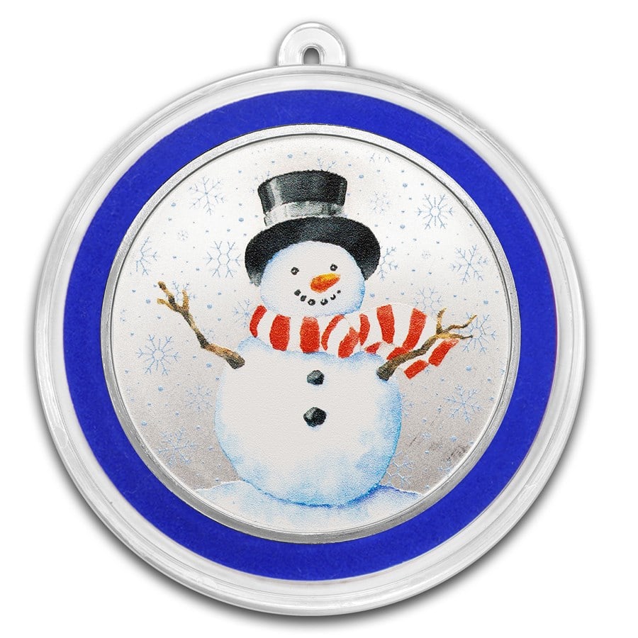 1 oz Silver Colorized Round -: 1 oz Silver Colorized Round - Season Greetings Snowman SKU no: RBJ300650 Grade: None Grade Service: None Mint Mark: N/A - Not Available Metal Content: 1 troy oz Purity: .999 Thickness: 2.