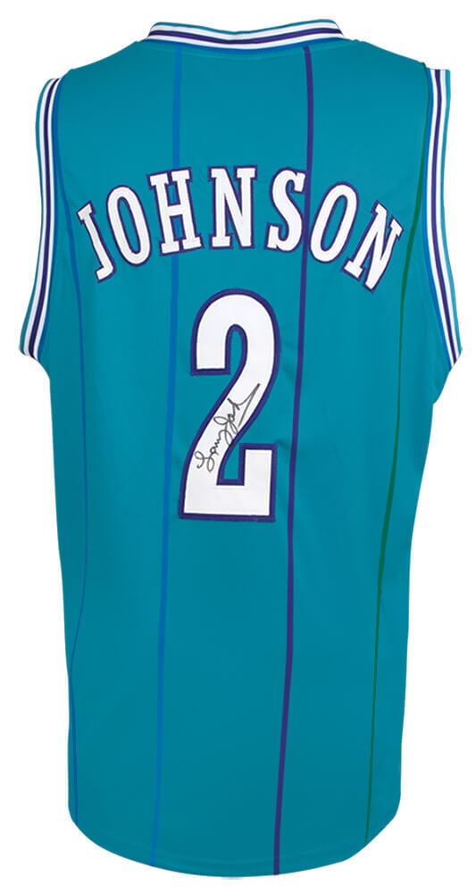 larry johnson (hornets) signed purple teal: larry johnson (hornets) signed purple teal basketball jersey - (schwartz COA) Larry Johnson (HORNETS) Signed Purple Teal Basketball Jersey - (SCHWARTZ COA)