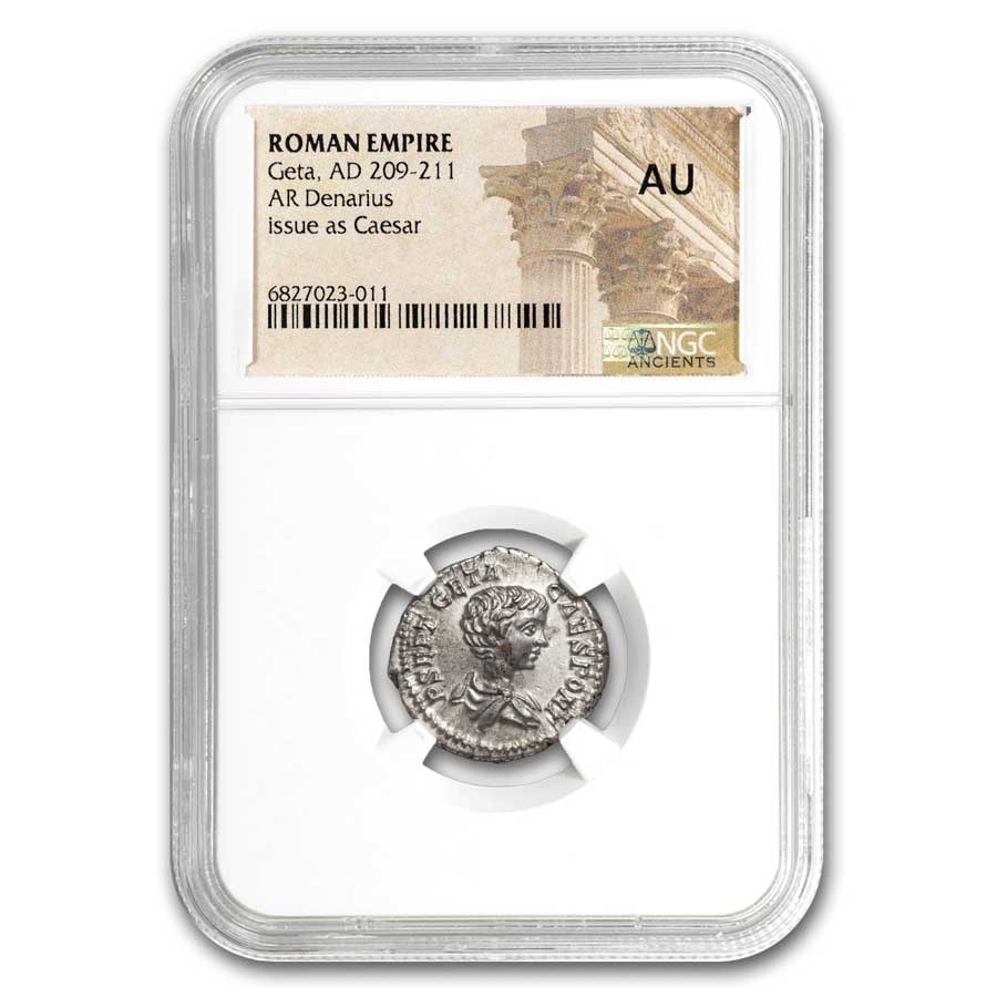 Roman Silver Denarius Geta (209-211 AD): Roman Silver Denarius Geta (209-211 AD) AU NGC (Random Coin) SKU no: RBJ296514 Year: 209-211 AD Grade: Almost Unc Grade Service: NGC Denomination: AR Denarius Mint Mark: Not Shown Metal C