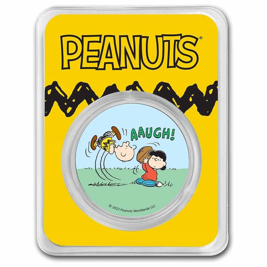 Peanuts Lucy Pulls the Football 1: Peanuts Lucy Pulls the Football 1 oz Colorized Silver SKU no: RBJ254280 Year: N/A Grade: None Grade Service: None Mint Mark: N/A - Not Available Metal Content: 1 troy oz Purity: .999