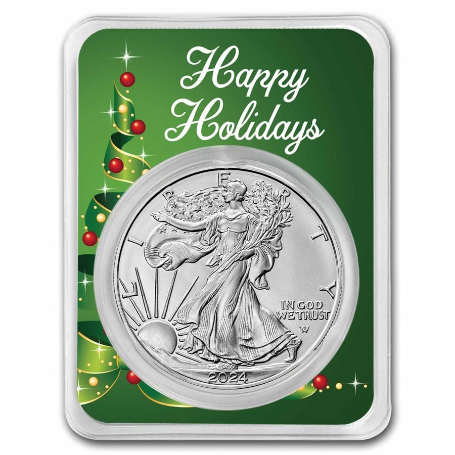 2024 1 oz American Silver Eagle: 2024 1 oz American Silver Eagle - w/Holiday Ribbon Tree Card SKU no: RBJ280976 Year: 2024 Grade Service: Other Denomination: 1 Dollar Mint Mark: W - West Point (Not Shown) Metal Content: 1 troy oz