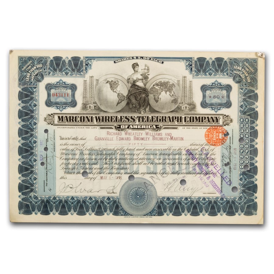 Marconi Wireless Telegraph Co Stock Certificate: Marconi Wireless Telegraph Co Stock Certificate SKU no: RBJ51840 Year: N/A Grade: None Grade Service: None Denomination: N/A Mint Mark: N/A - Not Available Metal Content: 0 troy oz