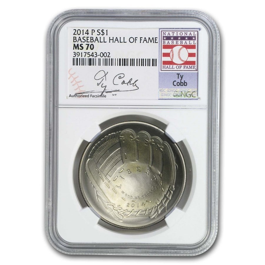 2014-P Baseball HOF $1 Silver Commem: 2014-P Baseball HOF $1 Silver Commem MS-70 NGC SKU no: RBJ207625 Year: 2014 Grade: MS-70 Grade Service: NGC Denomination: $1.00 Dollar Mint Mark: P - Philadelphia Metal Content: 0.7734 tr