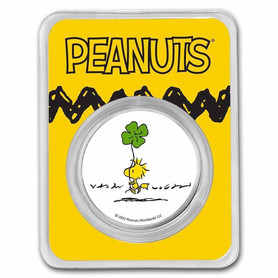 Peanuts Woodstock Shamrock Clover 1 oz: Peanuts Woodstock Shamrock Clover 1 oz Colorized Silver Round SKU no: RBJ247424 Year: N/A Grade: None Grade Service: None Mint Mark: N/A - Not Available Metal Content: 1 troy oz Purity: .