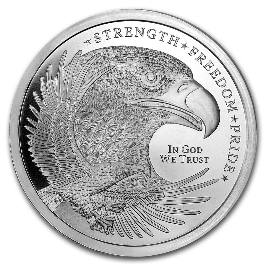 5 oz Silver Round - Silver: 5 oz Silver Round - Silver Eagle (Strength, Freedom, & Pride) SKU no: RBJ185291 Year: N/A Grade: None Grade Service: None Denomination: 5 oz Mint Mark: N/A - Not Available Metal Content: