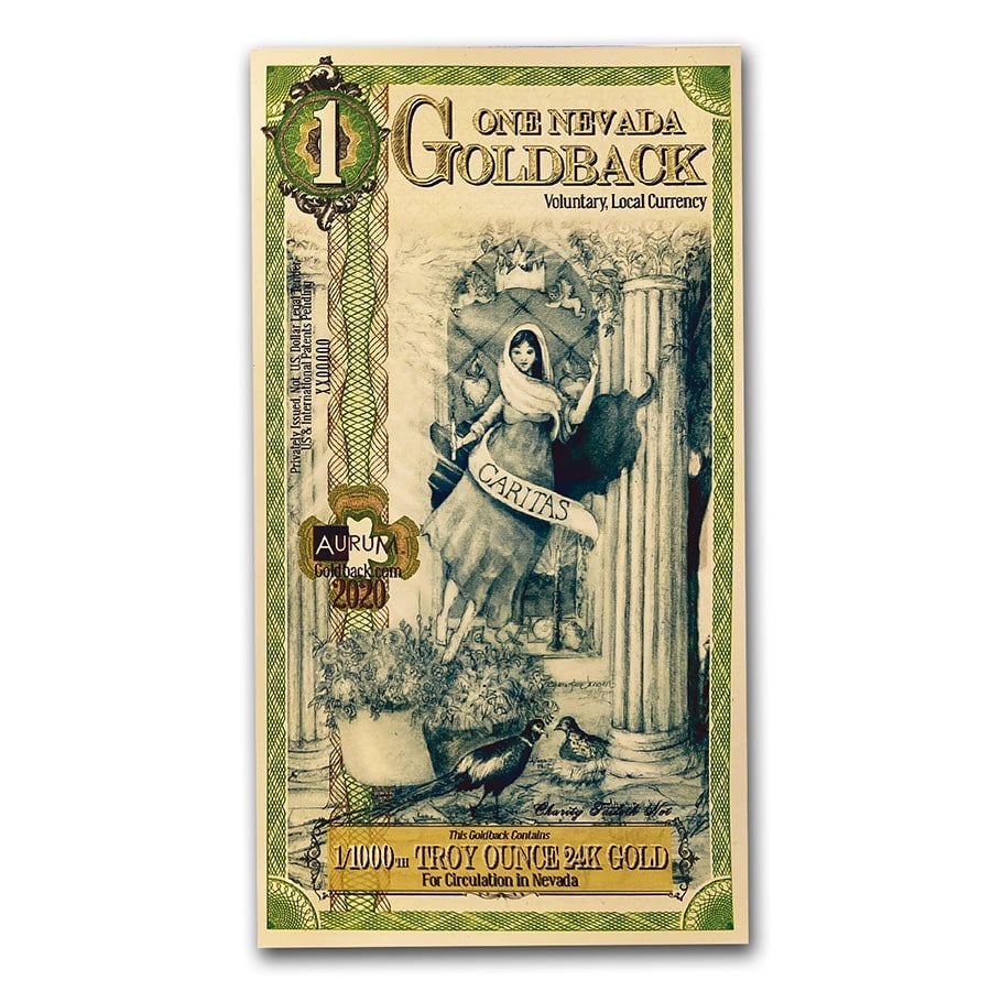 1 Nevada Goldback - Aurum Gold: 1 Nevada Goldback - Aurum Gold Foil Note (24k) SKU no: RBJ218158 Year: N/A Not Available Grade: (U) Crisp Unc Grade Service: None Mint Mark: N/A - Not Available Metal Content: 0.001 troy oz <b