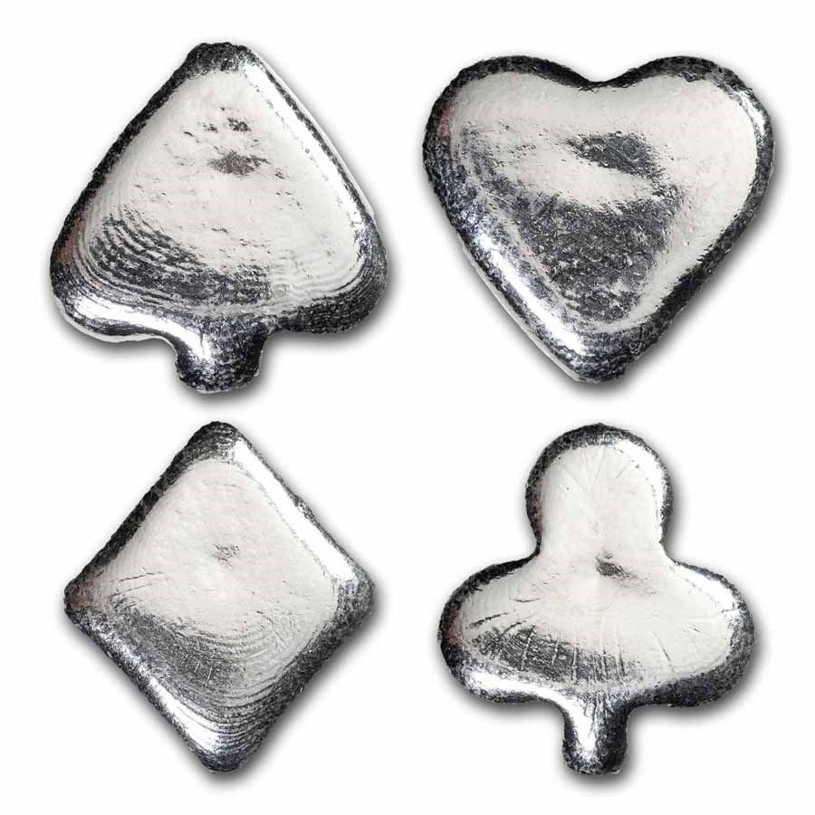 4 oz Hand Poured Silver -: 4 oz Hand Poured Silver - Set of 4 1oz Silver Playing Card Suits SKU no: RBJ285085 Grade: None Grade Service: None Mint Mark: N/A - Not Available Metal Content: 4 troy oz Purity: .999 Thi