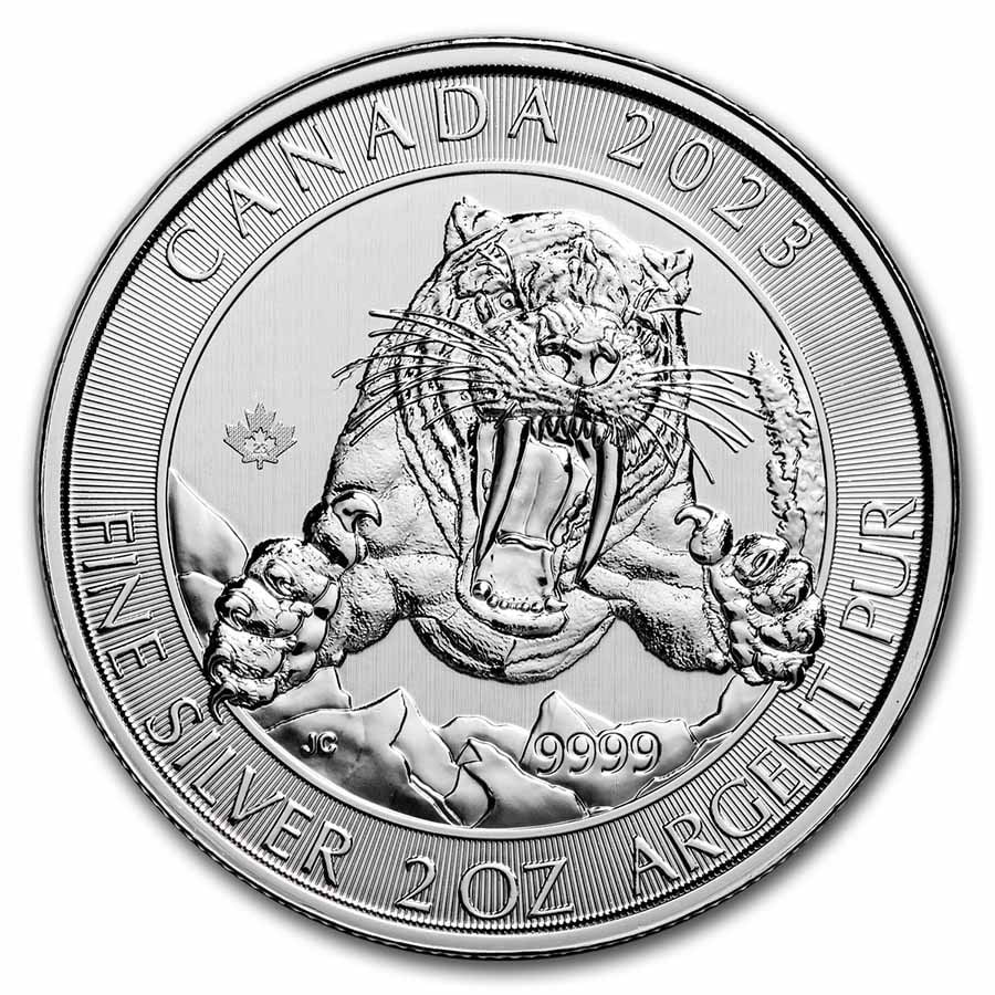2023 RCM 2 oz Silver Ice: 2023 RCM 2 oz Silver Ice Age of Canada Smilodon Sabre-tooth Cat SKU no: RBJ271316 Year: 2023 Grade: Proof Grade Service: None Denomination: 10 Dollars Mint Mark: RCM (Not Shown) Metal Con