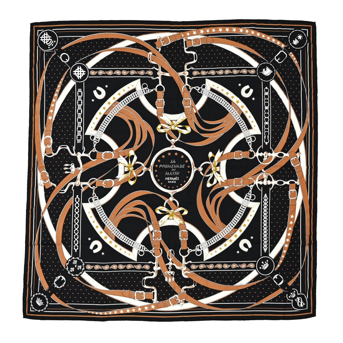 Hermes Cashmere Silk La Promenade du: Hermes Cashmere Silk La Promenade du Matin Bandana Shawl 140 Black Noisette Gold Brand: HERMES Condition: Giftable Condition Details: Exterior: Pilling, , Box Length: 52 in Height: 52 in SKU no: R