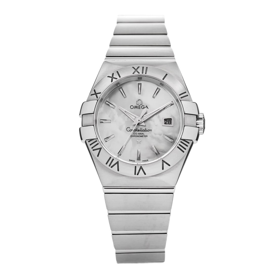 Omega Stainless Steel Mother of Pearl: Omega Stainless Steel Mother of Pearl 31mm Constellation Automatic Watch 123.10.31.20.05.001 Brand: OMEGA Condition: Shows Wear Condition Details: Hardware: Scratch(es), Circumference: 6 in Case: 31 m