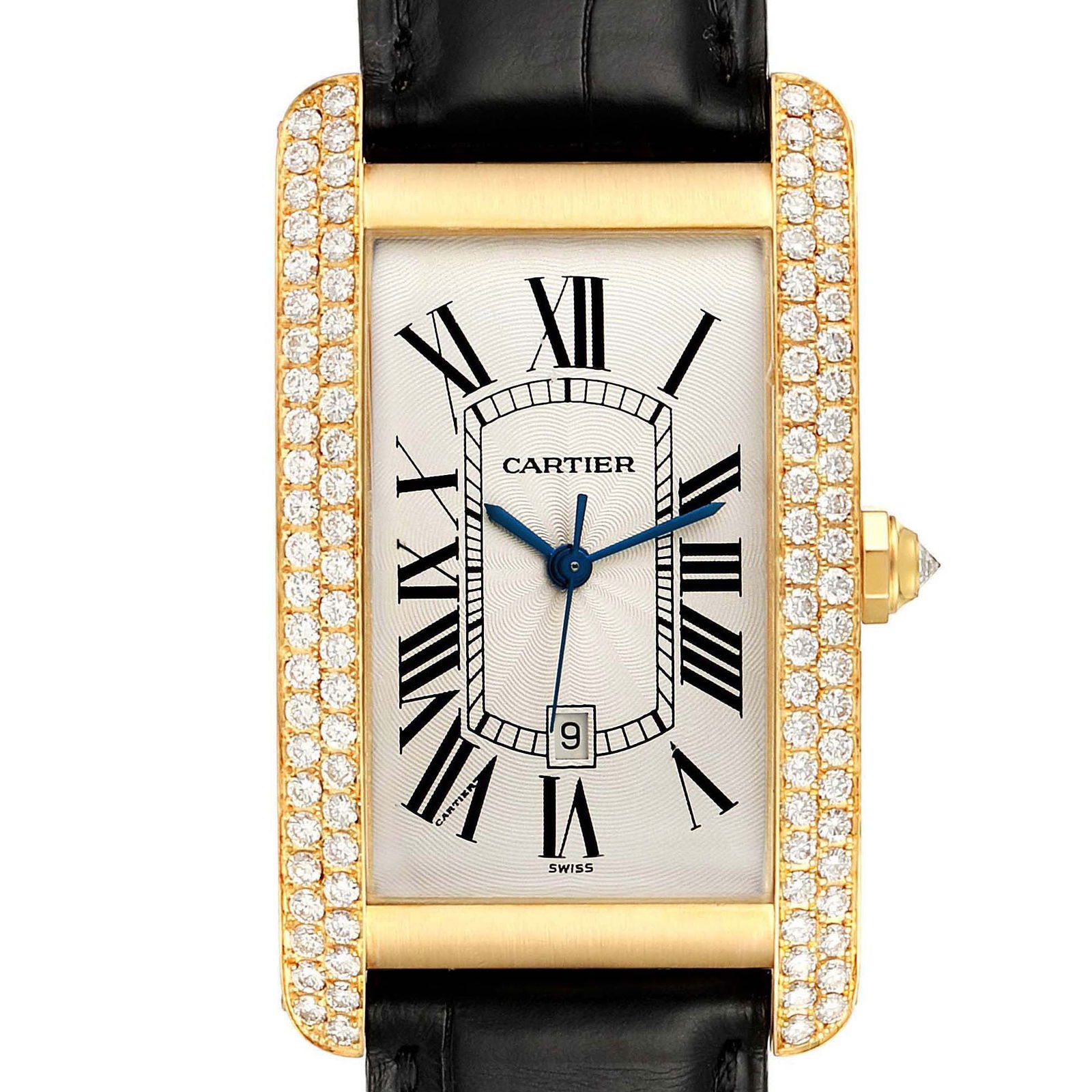 Cartier Tank Americaine Yellow Gold Diamond: Cartier Tank Americaine Yellow Gold Diamond Mens Watch WB702051 Box Papers SKU no: RBJ31464 Brand: Cartier Model Name: Cartier Tank Americaine Yellow Gold Diamond Mens Watch WB702051 Box Papers Model