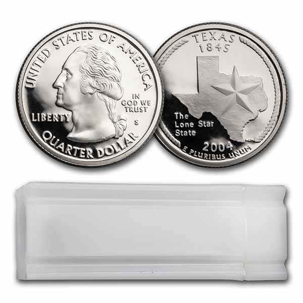 2004-S Texas Statehood Quarter 40-Coin Roll: 2004-S Texas Statehood Quarter 40-Coin Roll Proof (Silver) SKU no: RBJ40862 Year: 2004 Grade Service: None Denomination: 25 Cents Metal Content: 7.23 troy oz Purity: .900 Thickness: 1.7 m
