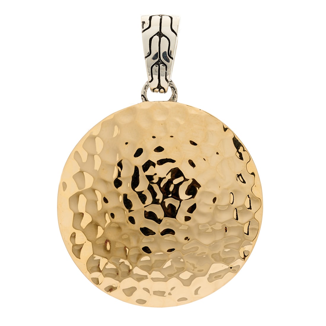 John Hardy Sterling Silver 18K Yellow: John Hardy Sterling Silver 18K Yellow Gold Palu Hammered Disc Pendant Brand: JOHN HARDY Condition: Shows Wear Condition Details: , Due to grading limitations imposed by mounted stones, all grading of
