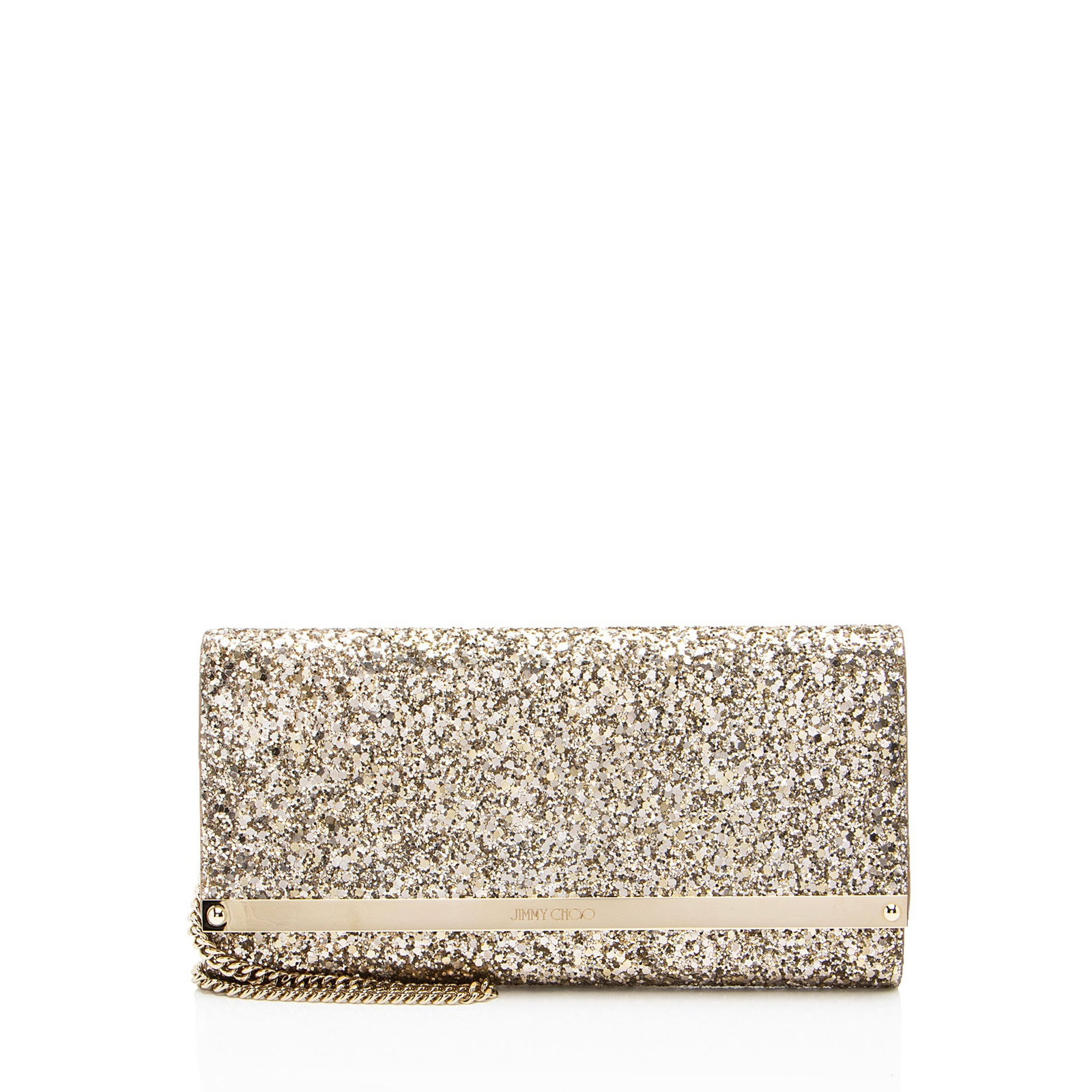 Jimmy Choo Glitter Milla Clutch: Jimmy Choo Glitter Milla Clutch Condition Quality: Subtle surface scratches to hardware. Moderate scuffs throughout interior flap. light imprints throughout interior leather. Width (at base): 8.5" Hei