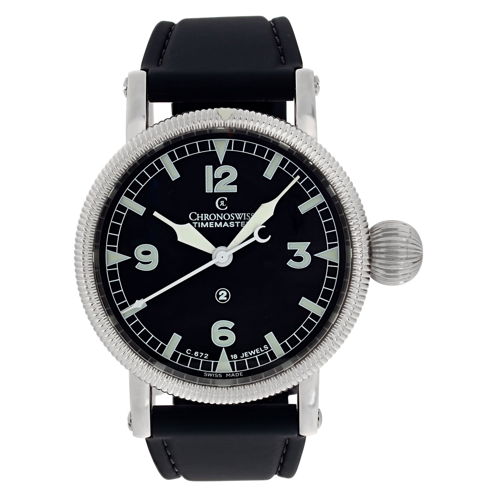 Chronoswiss Timemaster in stainless steel on: Chronoswiss Timemaster in stainless steel on a black rubber strap with a Chronoswiss stainless steel deployant buckle. Brand: Chronoswiss Model: Timemaster Model No: CH 6233 Case Size: 44mm Age: 1979