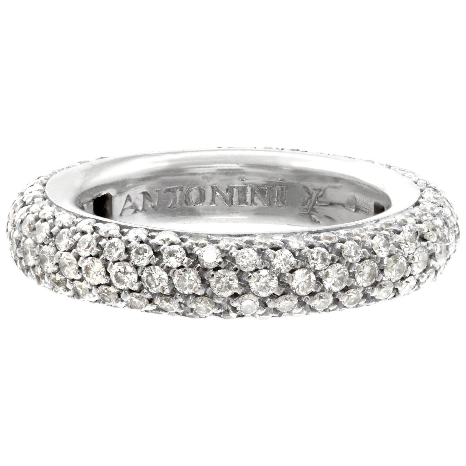 Antonini Milano eternity band with approx: Antonini Milano eternity band with approx 2.00 carats round brilliant cut diamonds set in 18k white gold. Brand: Estate Jewelry Gender: Female Size: 5.5 Metal(s) / Material(s): 18k White Gold Item Wei