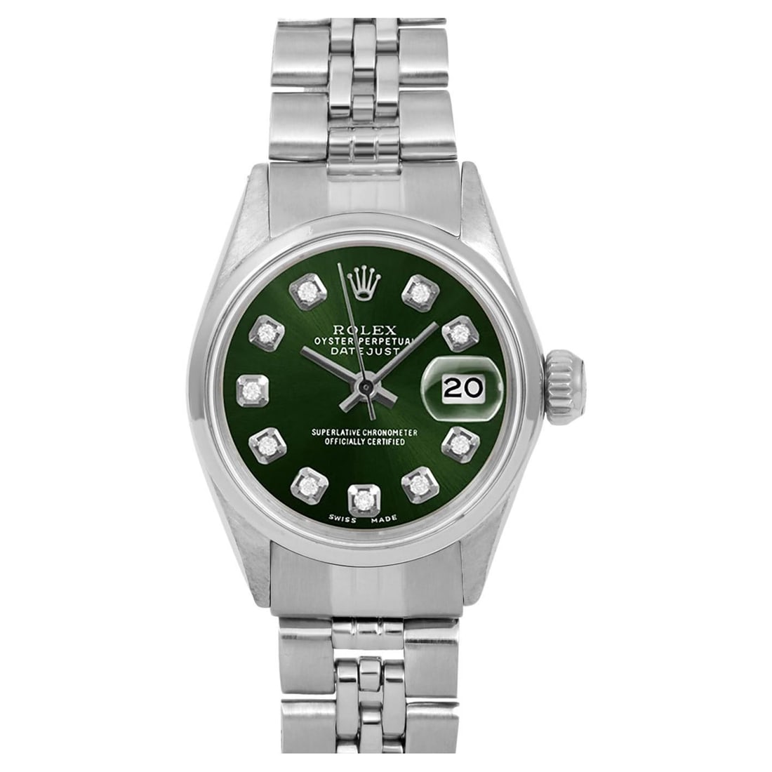 Rolex Ladies SS Datejust Green Diamond: Rolex Ladies SS Datejust Green Diamond Dial Smooth Bezel Jubilee Band Watch Brand: Rolex Case Material: Stainless Steel Stone: Diamond Stone Cut: Bead Strap Material: Stainless Steel Case Shape: R