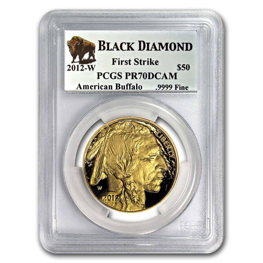 2012-W 1 oz Proof Gold Buffalo: 2012-W 1 oz Proof Gold Buffalo PR-70 PCGS (FS, Black Diamond) SKU no: RBJ68077 Year: 2012 Grade Service: PCGS Denomination: 50 Dollars Metal Content: 1 troy oz Purity: .9999 Thickness: 2.