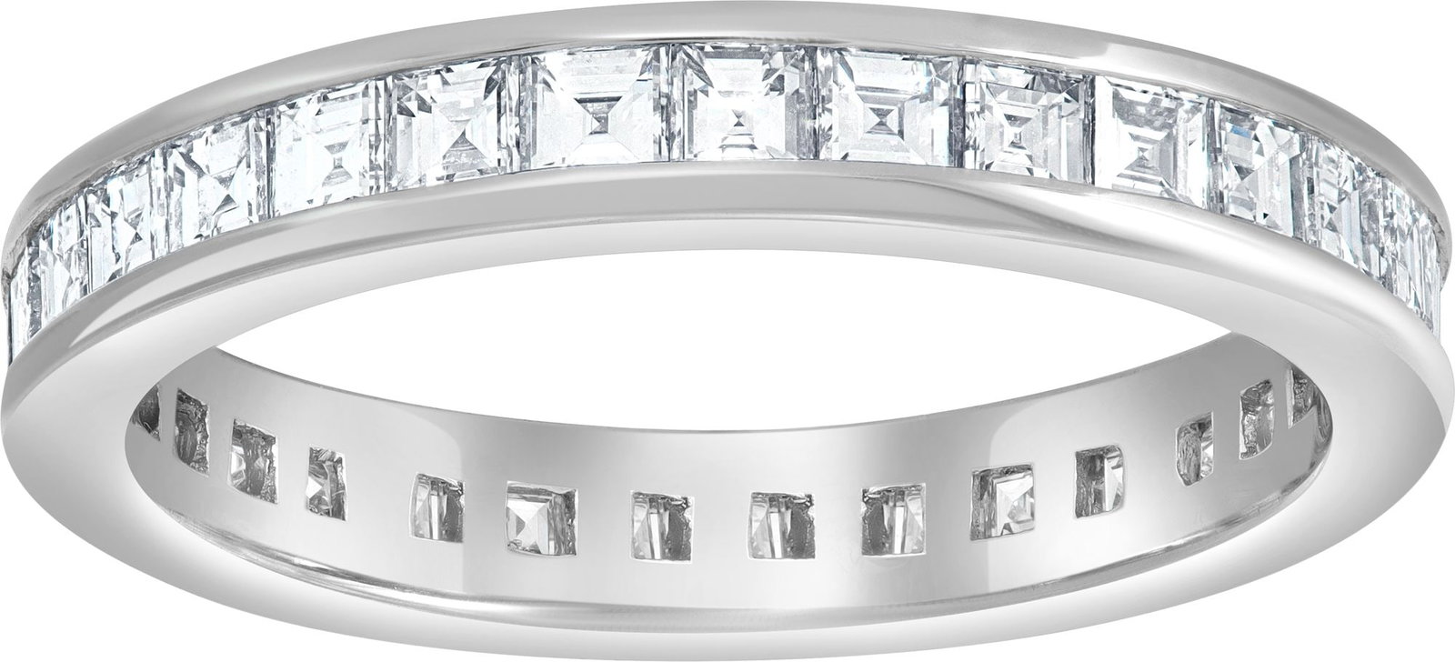Platinum diamond eternity band with approximately: Platinum diamond eternity band with approximately 1.89 carats in carre cut diamonds (F-G Color, VS Clarity). Brand: Estate Jewelry Gender: Female Size: 7 Item Weight: 2.90 pwt