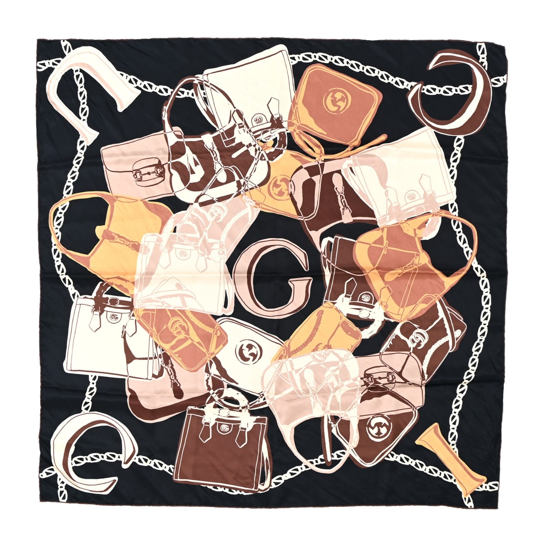 Gucci Silk Twill Square Scarf Black: Gucci Silk Twill Square Scarf Black Brand: GUCCI Condition: Shows Wear Condition Details: Exterior: Pilling, , Box Length: 34 in Height: 34 in SKU no: RBJ 1478962 , Box This is a