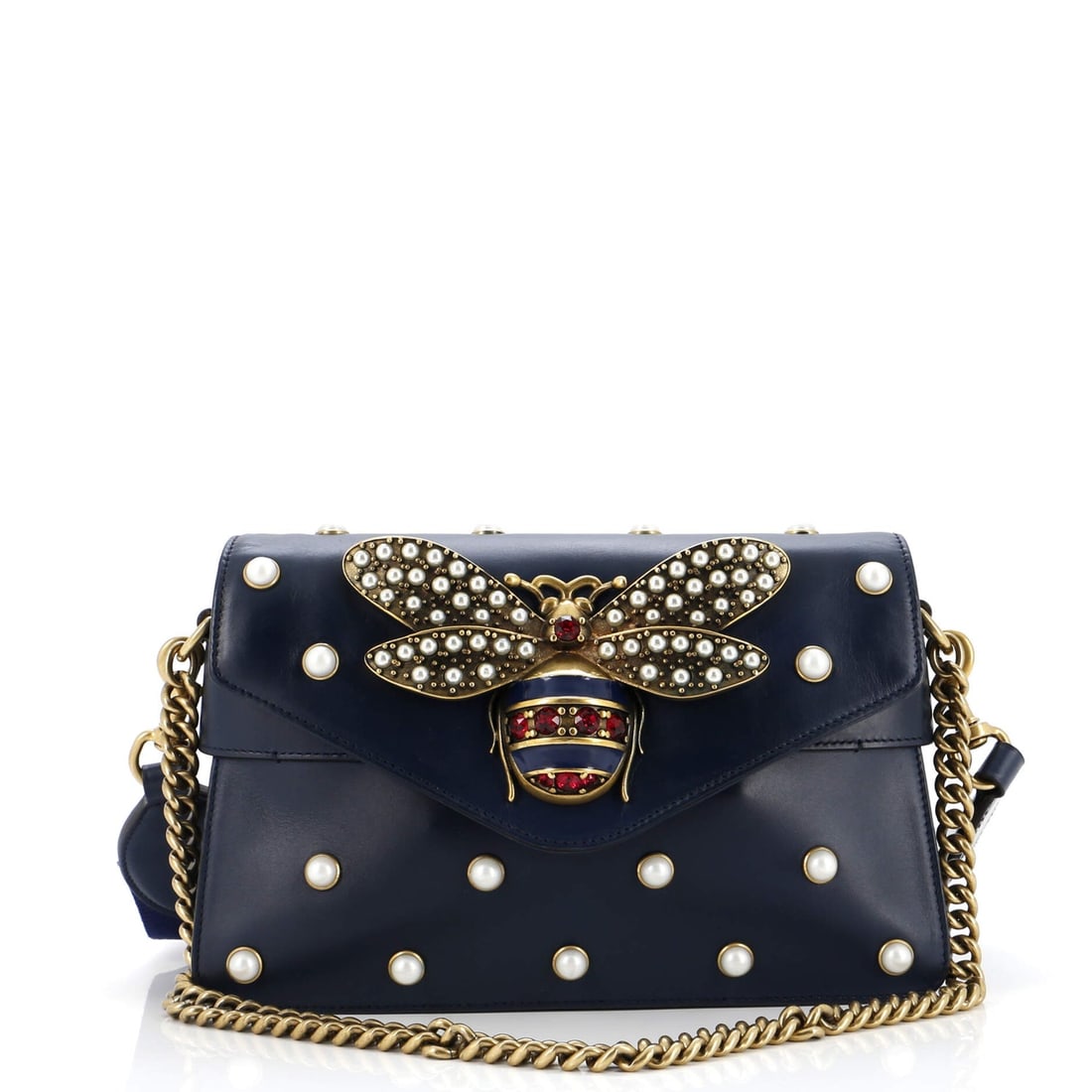Gucci Broadway Pearly Bee Shoulder Bag Embellished Leather Mini: Gucci Broadway Pearly Bee Shoulder Bag Embellished Leather Mini Exterior Color: Blue Interior Color: Neutral Exterior Material: Leather Interior Material: Leather Hardware Color: Aged Gold Accesso