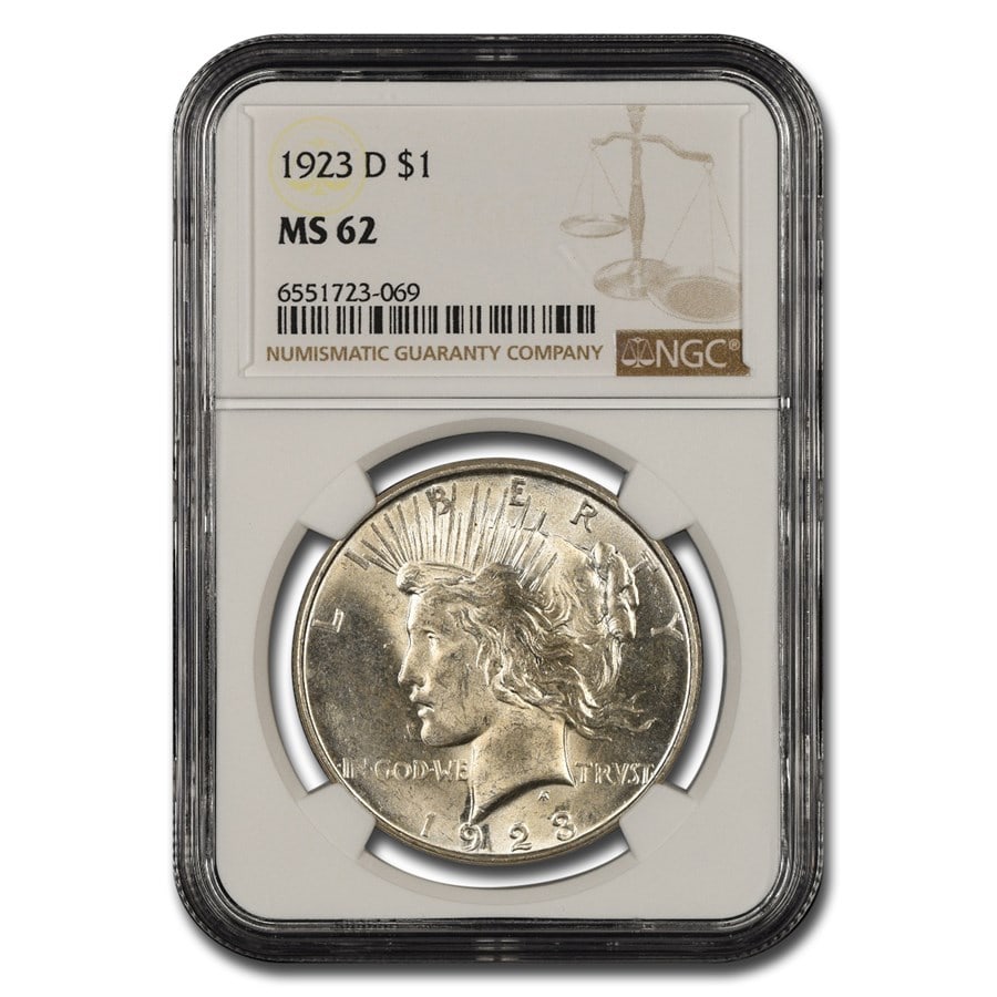 1923-D Peace Dollar MS-62 NGC: 1923-D Peace Dollar MS-62 NGC SKU no: RBJ15641 Year: 1923 Grade Service: NGC Denomination: $1.00 Metal Content: 0.7734 troy oz Purity: .900 Thickness: 3.1 mm Diameter: 38.1 mm