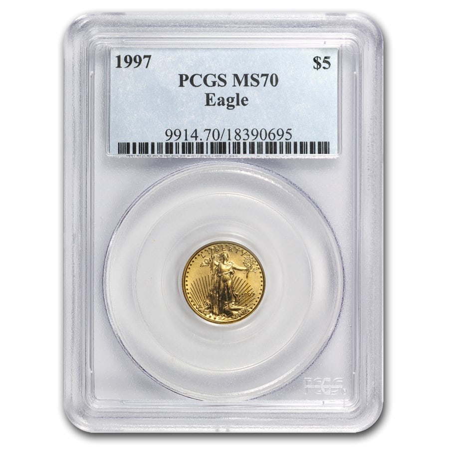 1997 1/10 oz American Gold Eagle: 1997 1/10 oz American Gold Eagle MS-70 PCGS SKU no: RBJ23698 Year: 1997 Grade Service: PCGS Denomination: 5 Dollars Metal Content: 0.1 troy oz Purity: .9167 Thickness: 1.19 mm Di