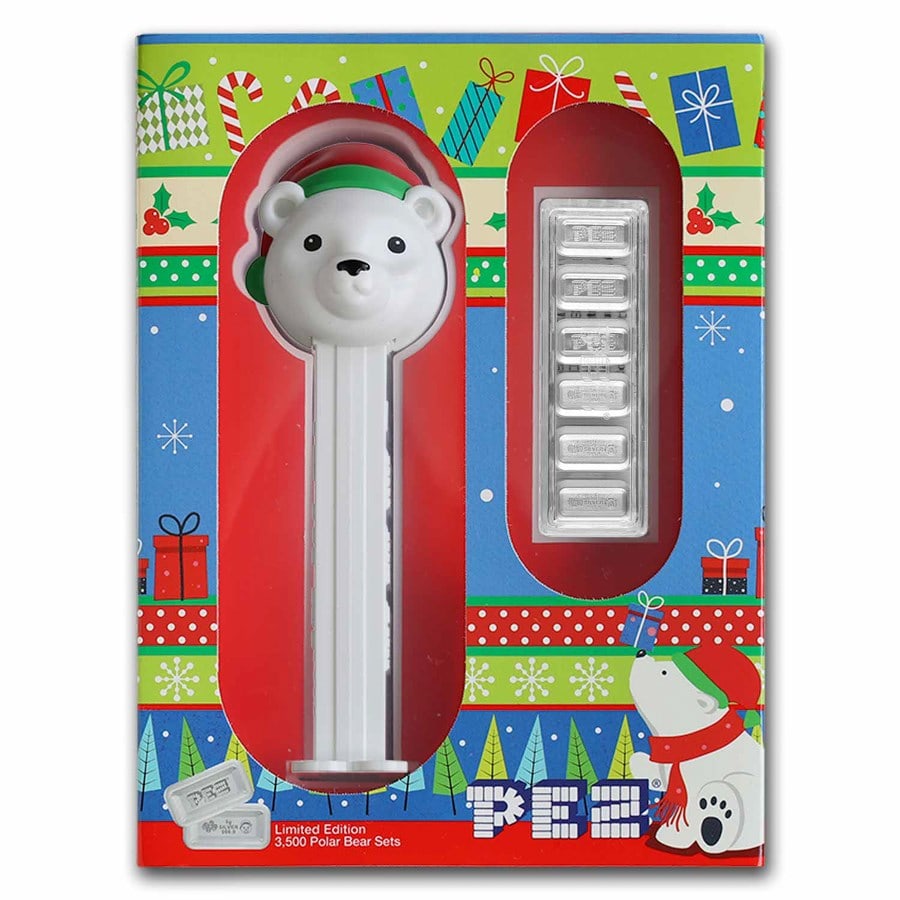 2024 PEZ Gift Set w/Polar Bear: 2024 PEZ Gift Set w/Polar Bear Dispenser & 6x5 gr Silver Wafers SKU no: RBJ288640 Year: 2024 Grade: None Grade Service: None Mint Mark: N/A - Not Available Metal Content: 1 troy oz Purity
