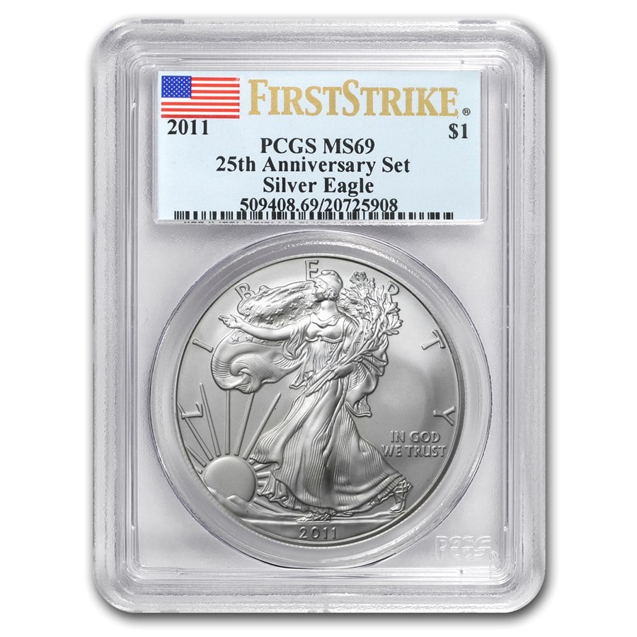 2011 American Silver Eagle MS-69 PCGS: 2011 American Silver Eagle MS-69 PCGS (FirstStrike) SKU no: RBJ60670 Year: 2011 Grade: MS-69 Grade Service: PCGS Denomination: 1 Dollar Mint Mark: W - West Point (Not Shown) Metal Content