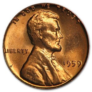 1959 Lincoln Cent BU (Red): 1959 Lincoln Cent BU (Red) SKU no: RBJ6730 Year: 1959 Grade: Brilliant Unc Grade Service: None Denomination: $0.01 Mint Mark: P - Philadelphia (Not Shown) Metal Content: 0 troy oz