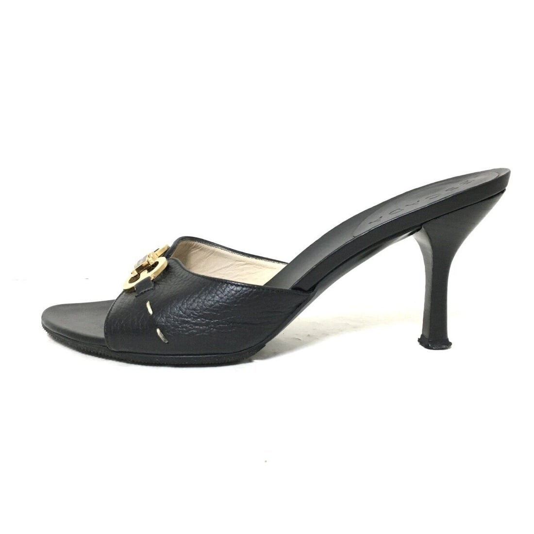 Auth ESCADA - Black Gold Leather: Auth ESCADA - Black Gold Leather Hardware Sandals Condition: Pre-owned Brand: ESCADA Style: Sandals Color: Black, Gold Upper Material: Leather, Hardware Accessories: Dust Bag Spare Heel Lift Dust