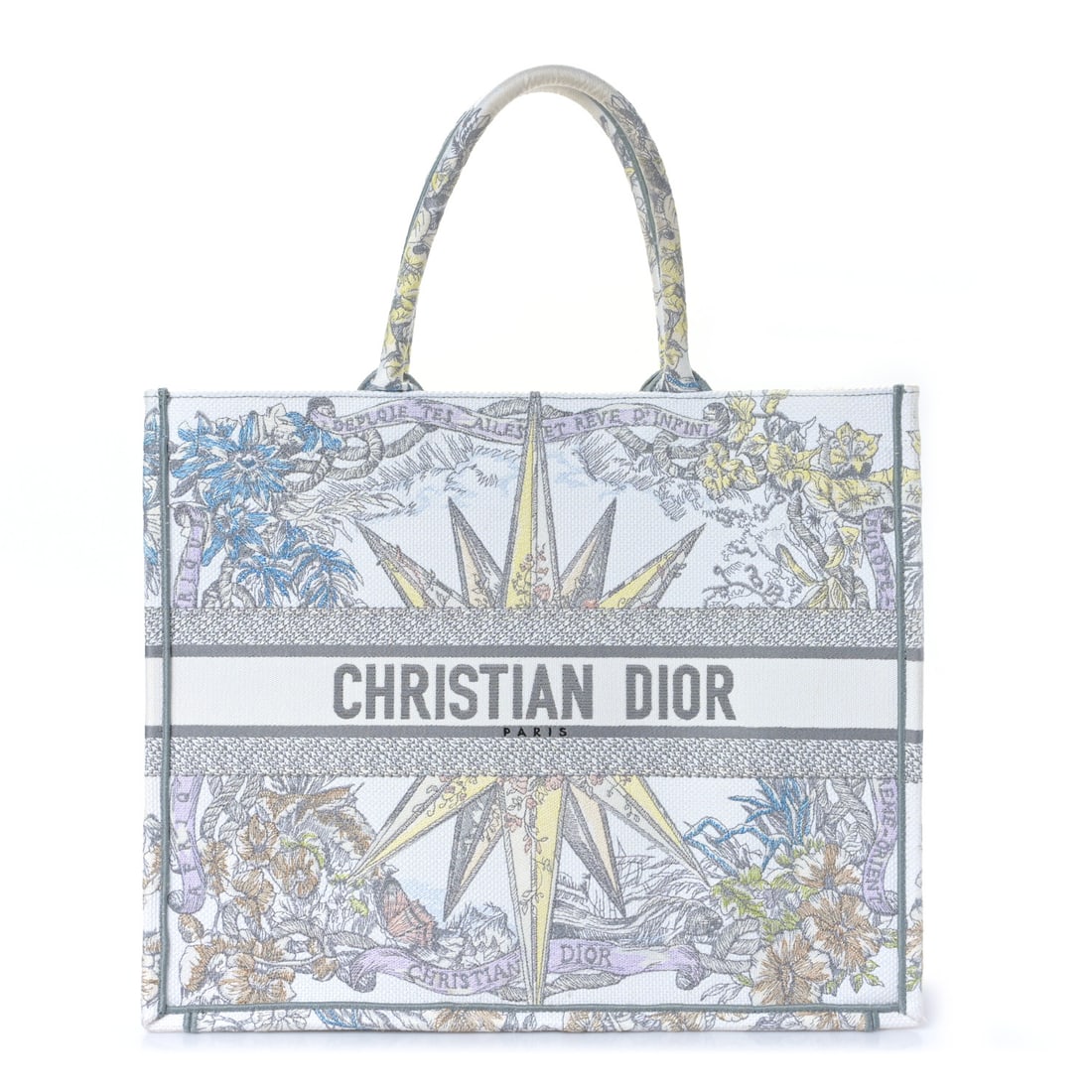 Christian Dior Canvas Embroidered Large Reve: Christian Dior Canvas Embroidered Large Reve dInfini Book Tote Multicolor Brand: CHRISTIAN DIOR Condition: Excellent Condition Details: Handle: Surface wear, Interior: Scuffs, Exterior: Faint corner w