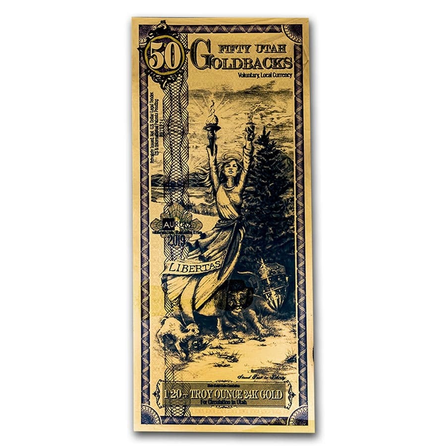 50 Utah Goldback - Aurum Gold: 50 Utah Goldback - Aurum Gold Foil Note (24k) SKU no: RBJ204993 Year: N/A Not Available Grade: (U) Crisp Unc Grade Service: None Denomination: 50 Utah Goldback Mint Mark: N/A - Not Available <