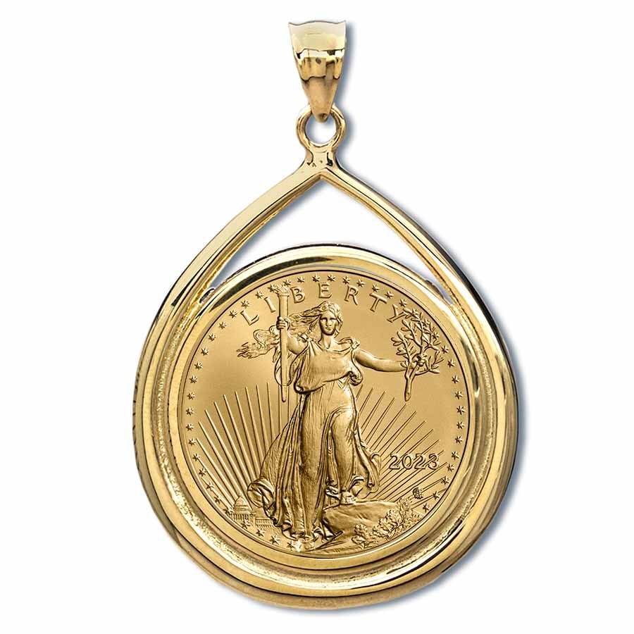 2023 1 oz Gold Eagle Teardrop: 2023 1 oz Gold Eagle Teardrop Pendant (Prong Bezel) SKU no: RBJ272002 Year: 2023 Grade: None Grade Service: None Mint Mark: W - West Point (Not Shown) Metal Content: 1.192 troy oz Purity: