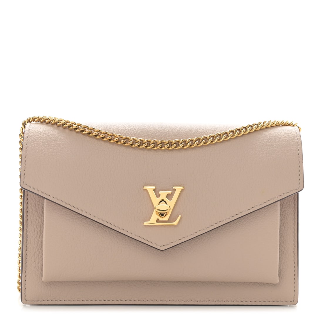 Louis Vuitton Soft Calfskin My Lockme: Louis Vuitton Soft Calfskin My Lockme Chain Pochette Greige Brand: LOUIS VUITTON Condition: Excellent Condition Details: Interior: Surface wear, card slots are stretched, Hardware: Faint scratch(es), 