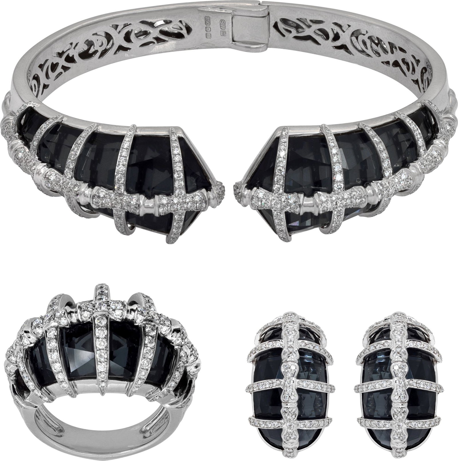 Stephen Webster "Verne Sushi" collection, diamonds: Stephen Webster "Verne Sushi" collection, diamonds & Munsteiner cut Smokey quartz bracelet, ring & earrings set in 18k white gold. Brand: Stephen Webster Gender: Female Item Weight: 59.20 pwt SKU no: