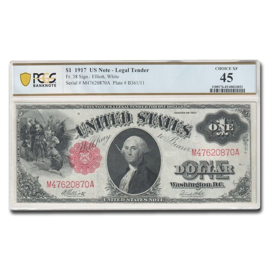 1917 $1.00 Legal Tender CH XF-45: 1917 $1.00 Legal Tender CH XF-45 PCGS (Fr#38M) SKU no: RBJ299499 Year: 1917 Grade: Extra Fine - 45 Grade Service: PCGS Denomination: 1 Dollar Mint Mark: N/A - Not Available Metal Content: