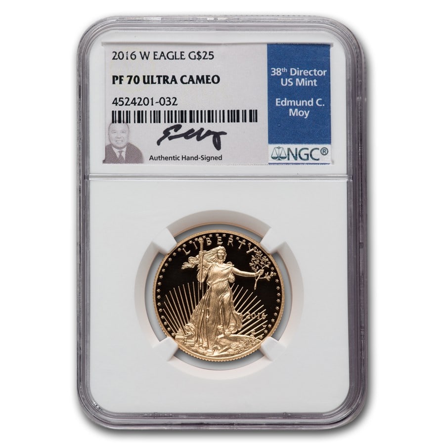 2016-W 1/2 oz Proof American Gold: 2016-W 1/2 oz Proof American Gold Eagle PF-70 NGC (Moy) SKU no: RBJ296918 Year: 2016 Grade: Proof - 70 UCAM Grade Service: NGC Denomination: 25 Dollars Mint Mark: W - West Point Metal Con