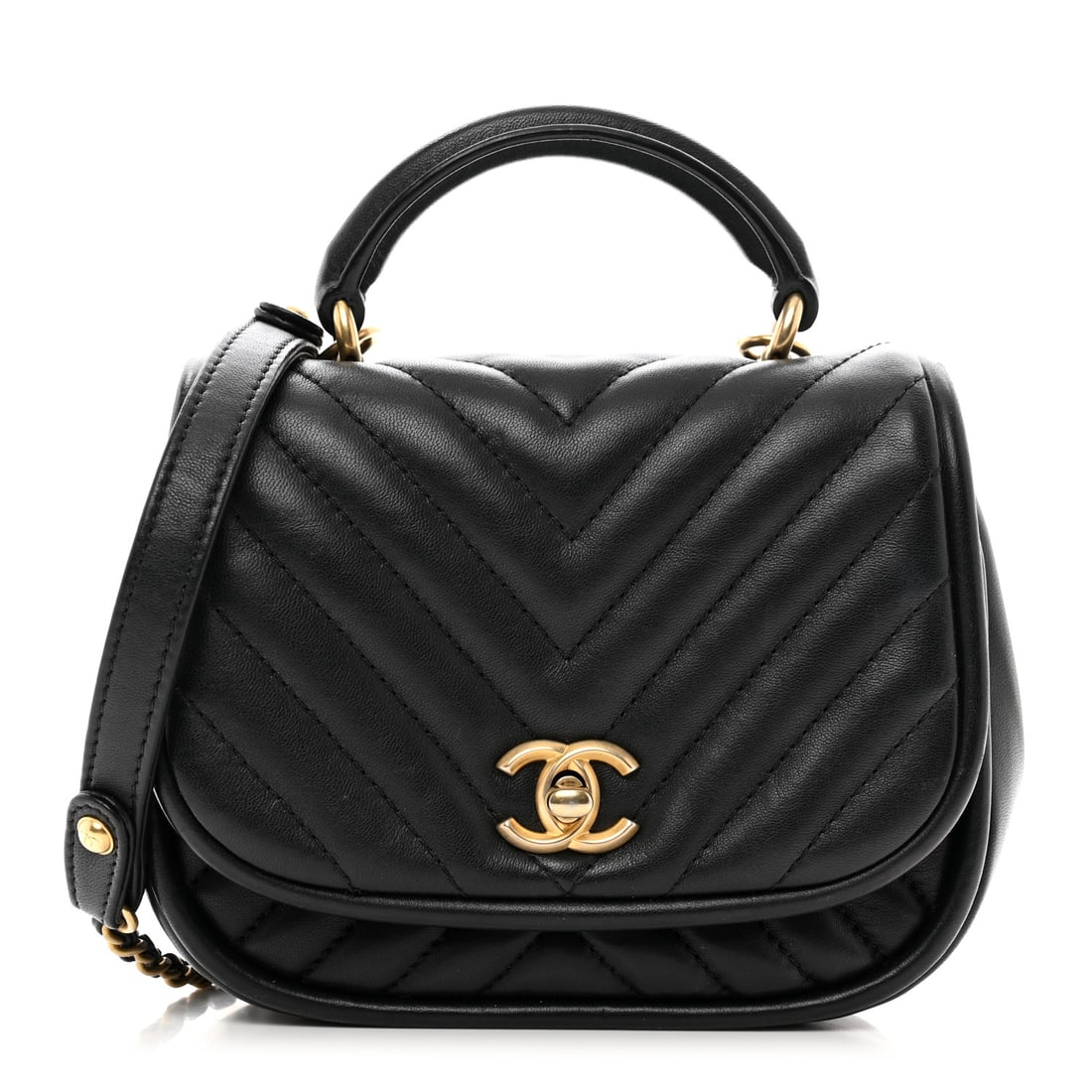 Chanel Lambskin Reverse Chevron Quilted Mini: Chanel Lambskin Reverse Chevron Quilted Mini Round Top Handle Flap Black Brand: CHANEL Condition: Very Good Condition Details: Exterior: Creases, scuffs, edge wear, imprints, frayed stitch(es), Handle