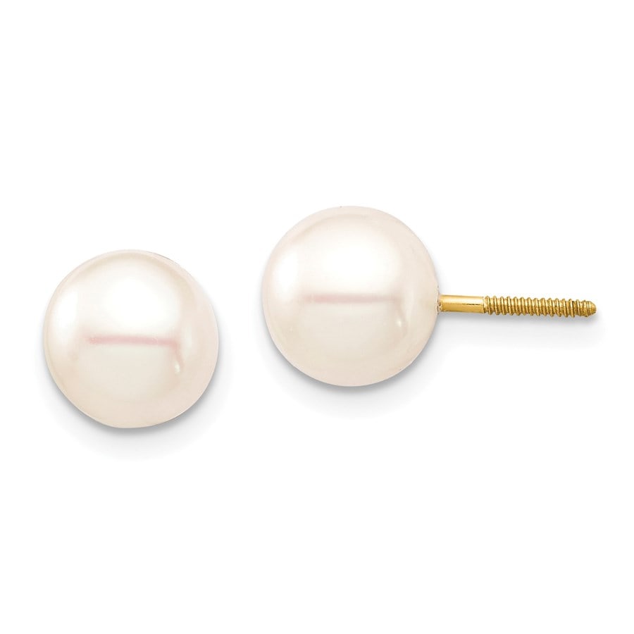 14k Yellow Gold White Round Pearl: 14k Yellow Gold White Round Pearl Screwback Earrings - 7-8 mm SKU no: RBJ184819 Metal: Gold Purity: 14K Finish: Polished Length Of Item: 7.45 mm Stone Type: Pearl Stone Color: White <