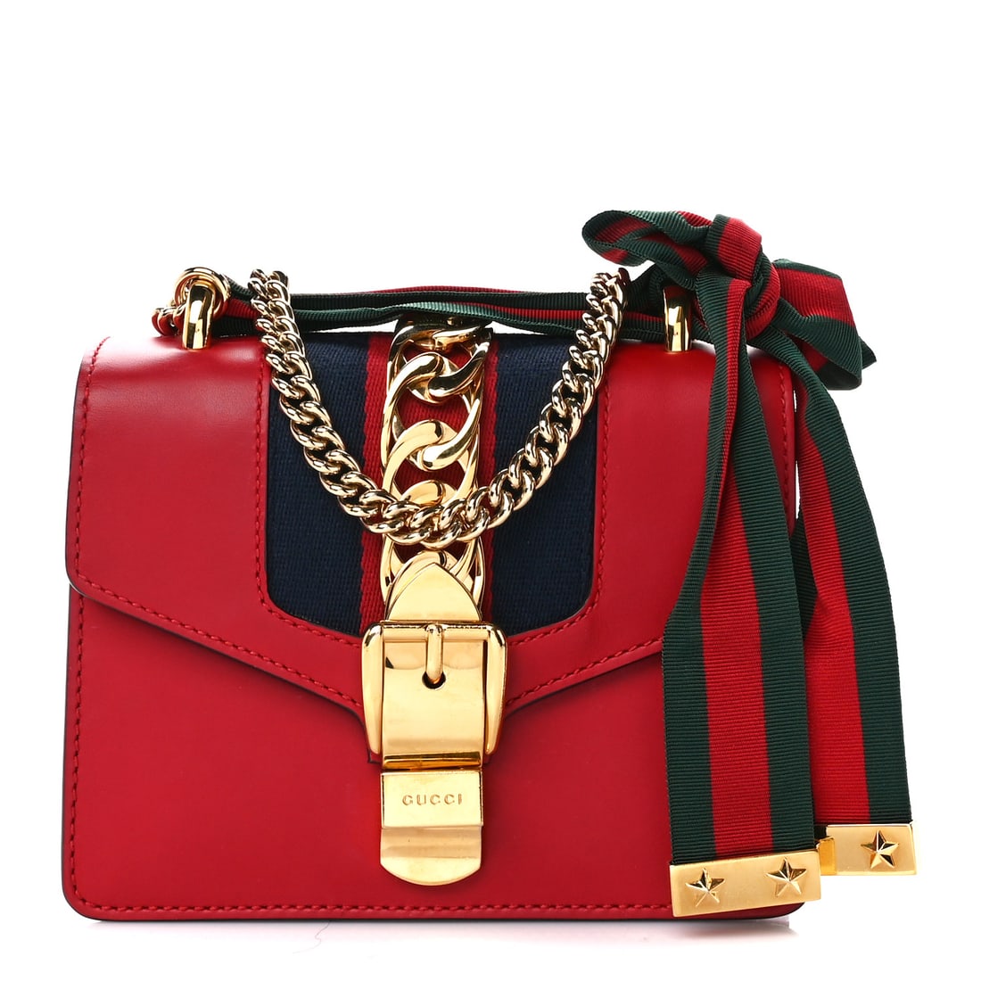 Gucci Calfskin Mini Sylvie Chain Shoulder: Gucci Calfskin Mini Sylvie Chain Shoulder Bag Hibiscus Red Brand: GUCCI Condition: Very Good Condition Details: Exterior: Creases, scuffs, Interior: Scuffs, surface wear, Hardware: Scratch(es) Base le
