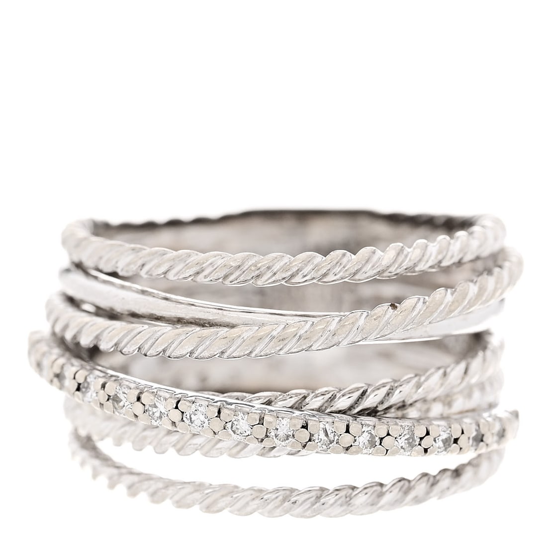 David Yurman Sterling Silver Diamond 12mm: David Yurman Sterling Silver Diamond 12mm Wide Crossover Cable Ring 54 7 Brand: DAVID YURMAN Condition: Shows Wear Condition Details: Hardware: Scratch(es), tarnished, pitted, , Pouch, Due to grading 