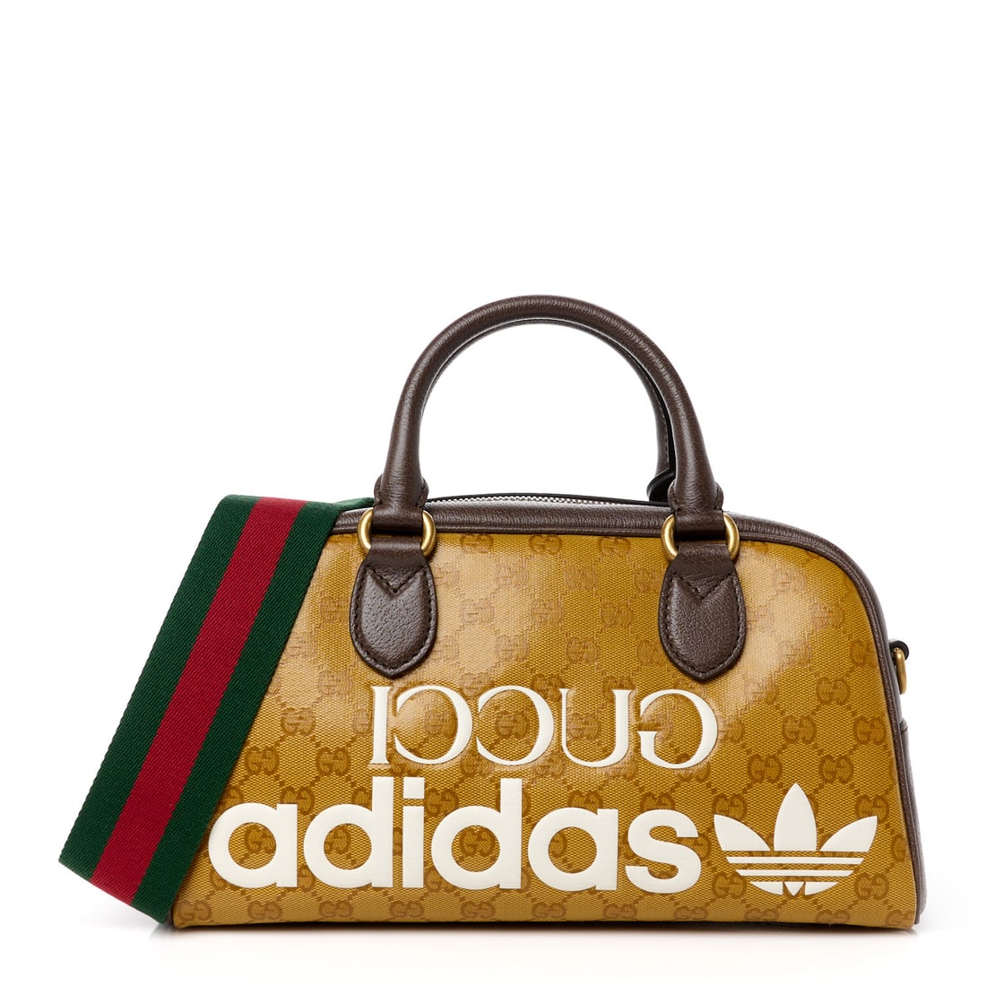Gucci X ADIDAS Crystal Vintage Monogram: Gucci X ADIDAS Crystal Vintage Monogram Textured Dollar Calfskin Web Trefoil Logo Mini Bowling Bag Mid Natural Nut Off White New Acero Brand: GUCCI Condition: New Condition Details: , Two dust bags Le