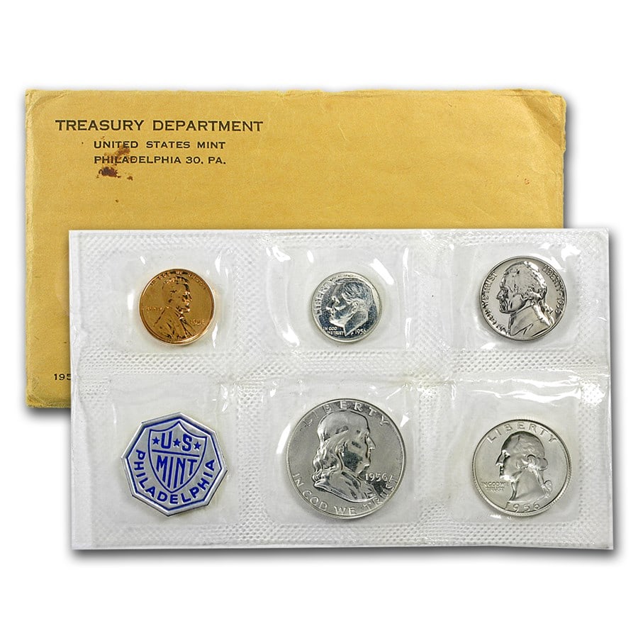 1956 U.S. Proof Set (Type-1 Half): 1956 U.S. Proof Set (Type-1 Half) 4 Feathers SKU no: RBJ41686 Year: 1956 Grade: Proof Grade Service: None Denomination: Varies Mint Mark: P - Philadelphia (Not Shown) Metal Content: 0.614