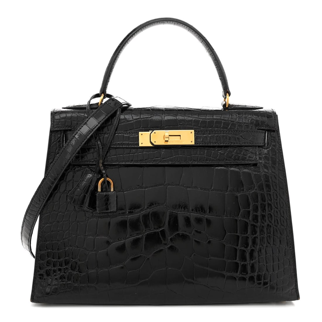 Hermes Shiny Alligator Kelly Sellier 28: Hermes Shiny Alligator Kelly Sellier 28 Black Brand: HERMES Condition: Shows Wear Condition Details: Exterior: Corner wear, creases, scuffs, edge wear, Hardware: Oxidation, scratch(es), plating wear,