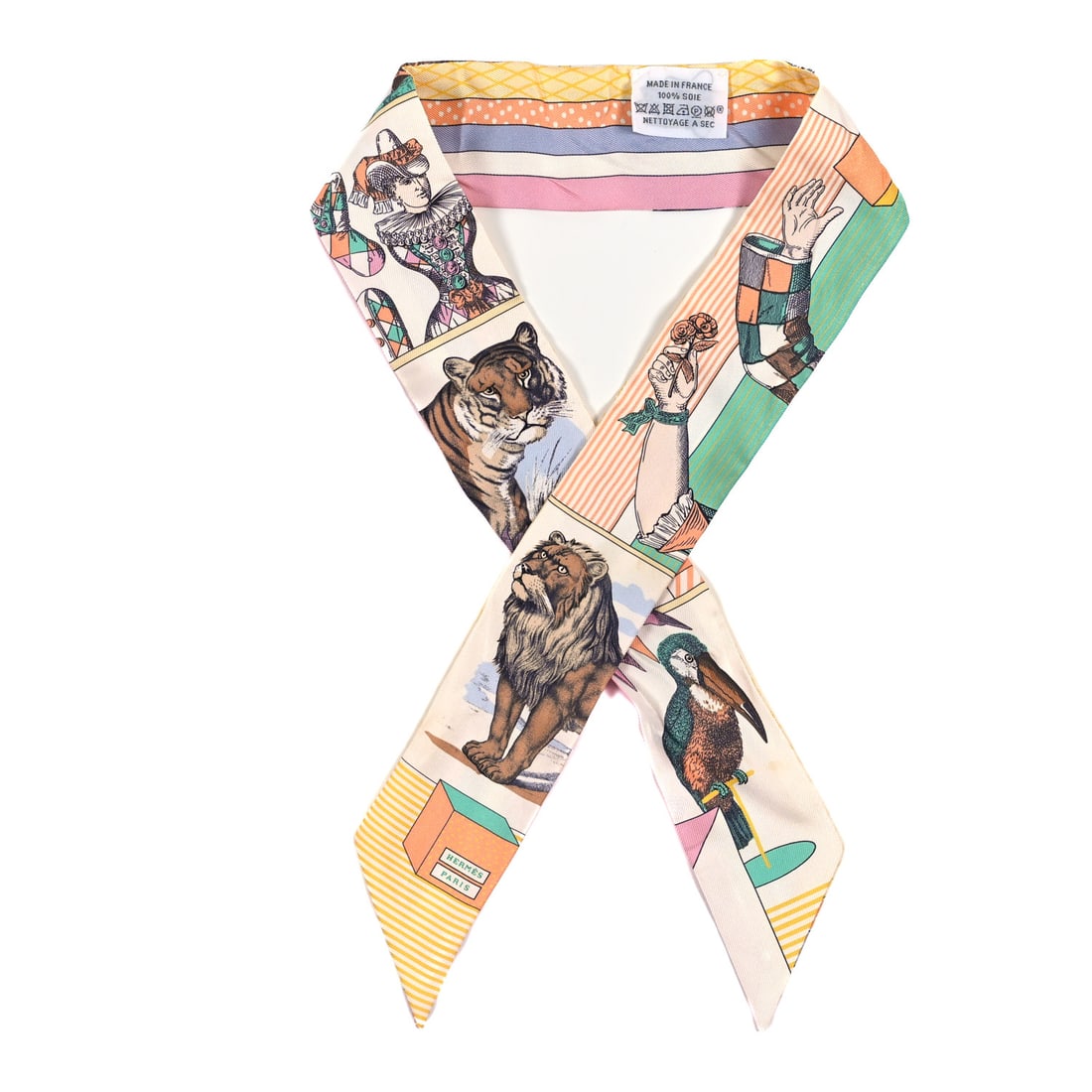 Hermes Silk Twilly Grand Theatre Nouveau: Hermes Silk Twilly Grand Theatre Nouveau White Vert Abricot Brand: HERMES Condition: Shows Wear Condition Details: Exterior: Marks, stain(s), , Box Length: 33.5 in Height: 2 in SKU no: RBJ1497346