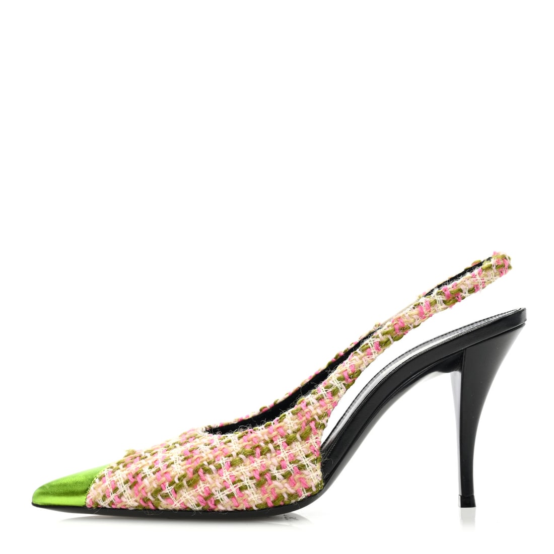 Saint Laurent Tweed Cap Toe Vesper: Saint Laurent Tweed Cap Toe Vesper Slingback Pumps 38 Absynth Rose Brand: SAINT LAURENT Condition: Shows Wear Condition Details: Other: Sticker residue, scuffs at soles, marks on sole(s), , Dust bag S