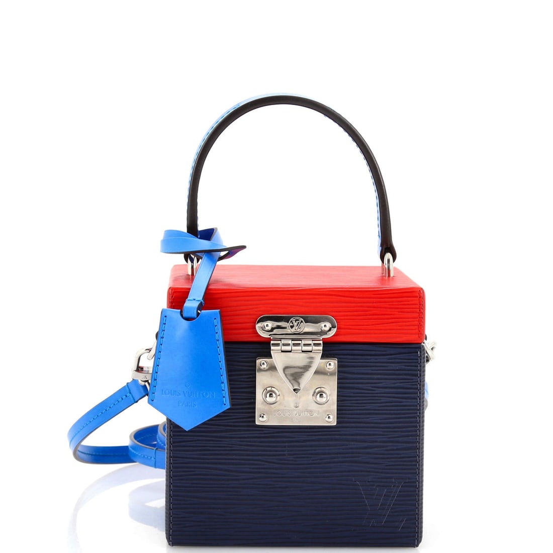 Louis Vuitton Bleecker Box NM Bag: Louis Vuitton Bleecker Box NM Bag Epi Leather Exterior Color: Blue, Red Interior Color: Blue Exterior Material: Leather Interior Material: Leather Hardware Color: Silver Accessories: Clochette, Ke